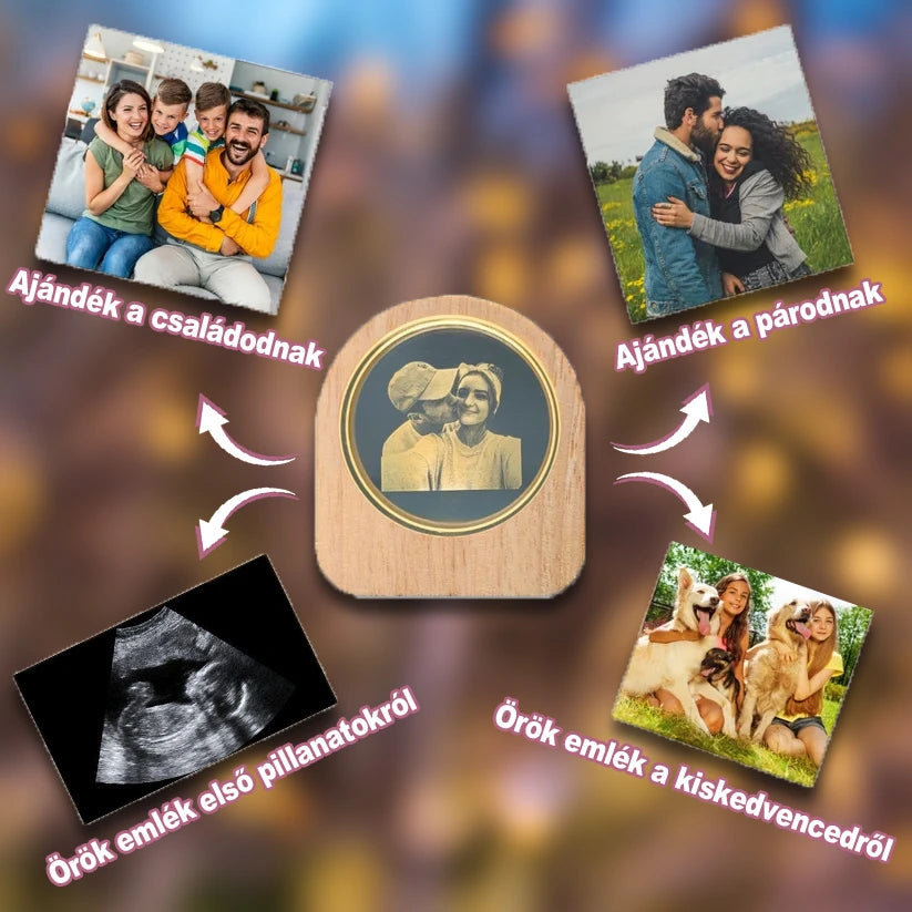 EmlékKristály™ 3D Egyedi Fotó Kristály Lámpa - LED világítás Fa keret, Különleges Ajándék a Szerelmednek, Állatodnak, Családodnak, Szülinapra